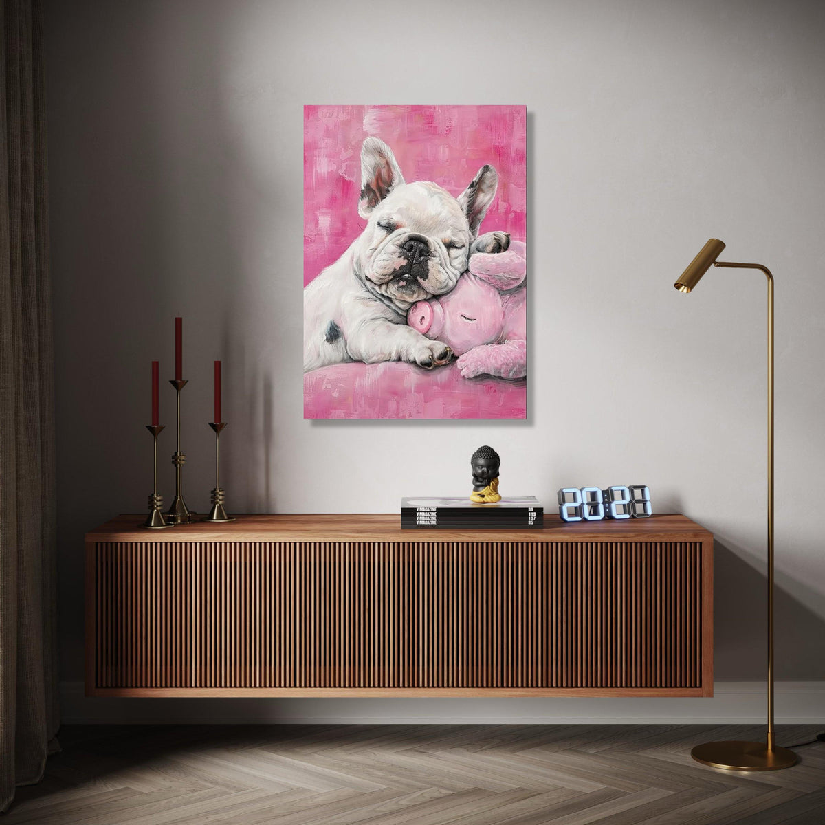 Sleeping French Bulldog with Pink Plush Pig, Cute Nursery Canvas Wall Art, Adorable Pet Animal Decor, Soft Gift Art, Home Decor, Print