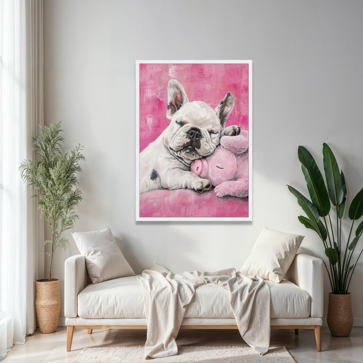 Sleeping French Bulldog with Pink Plush Pig, Cute Nursery Canvas Wall Art, Adorable Pet Animal Decor, Soft Gift Art, Home Decor, Print