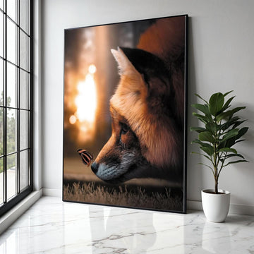 Serene Fox Close-Up Canvas, Butterfly and Fox Wall Art, Nature Animal Portrait, Wildlife Canvas Print, Cozy Home Gift Art, Home Decor, Print