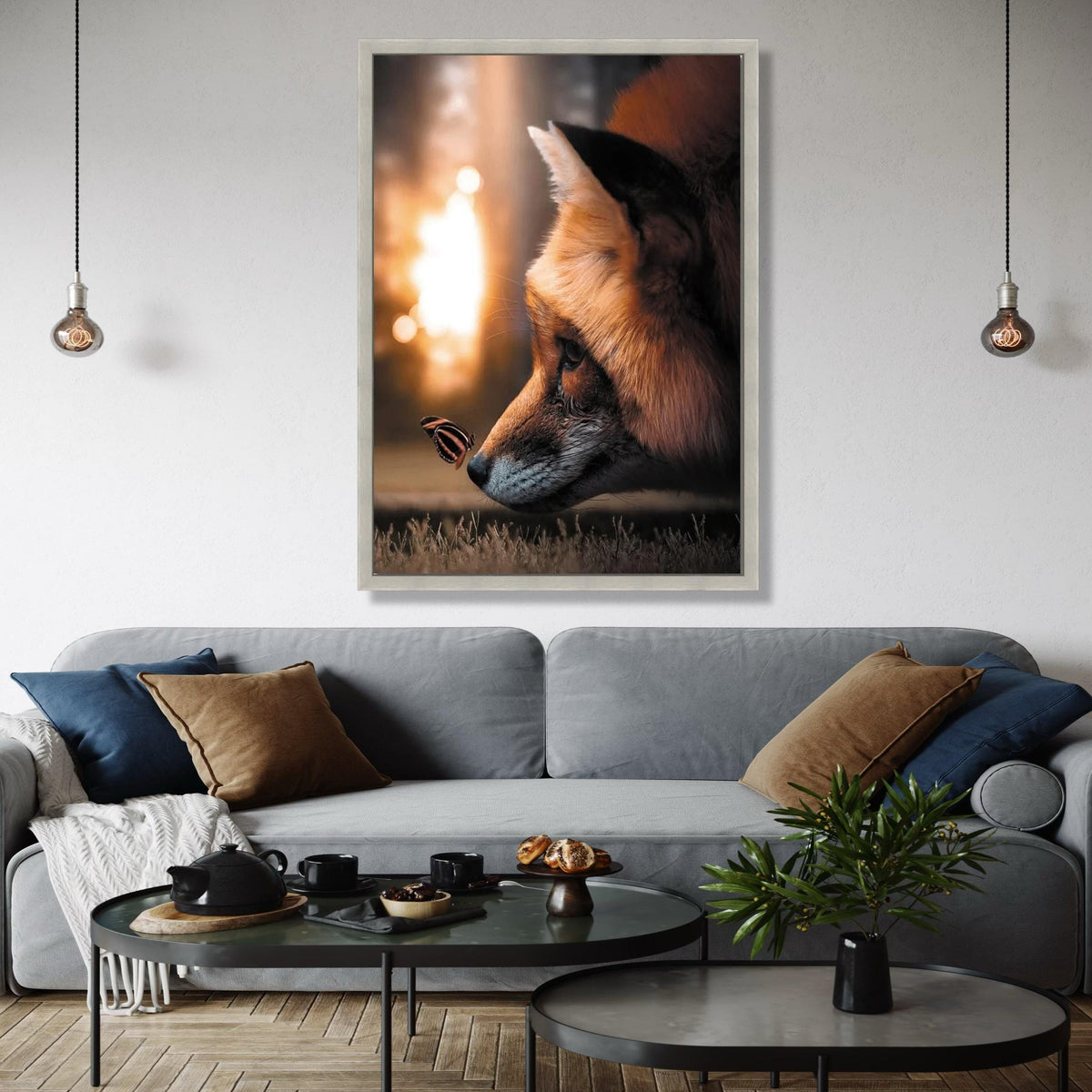 Serene Fox Close-Up Canvas, Butterfly and Fox Wall Art, Nature Animal Portrait, Wildlife Canvas Print, Cozy Home Gift Art, Home Decor, Print