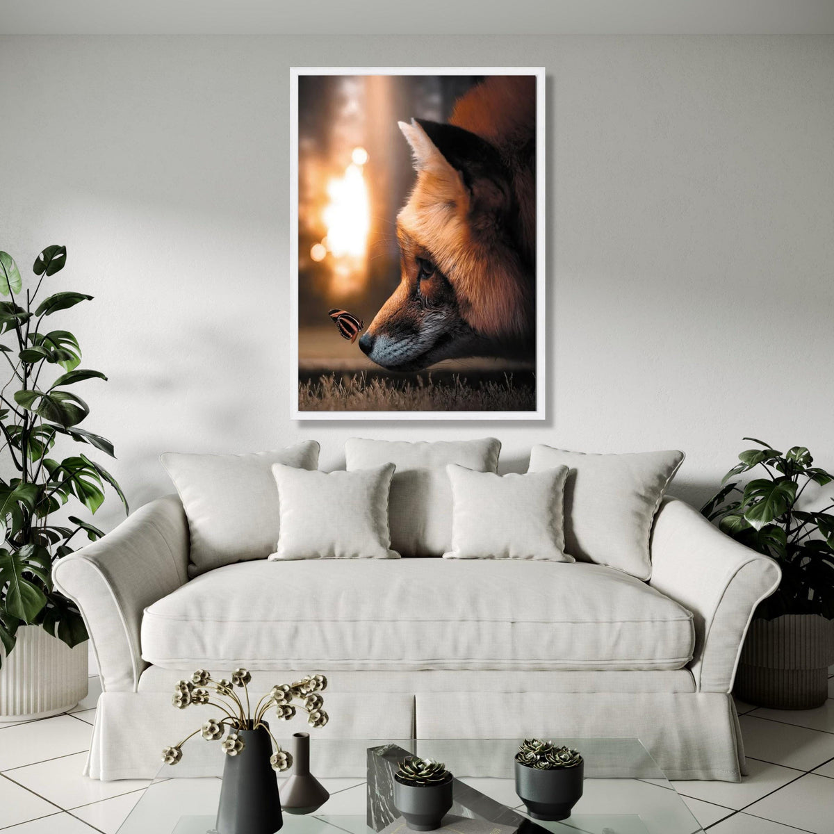 Serene Fox Close-Up Canvas, Butterfly and Fox Wall Art, Nature Animal Portrait, Wildlife Canvas Print, Cozy Home Gift Art, Home Decor, Print