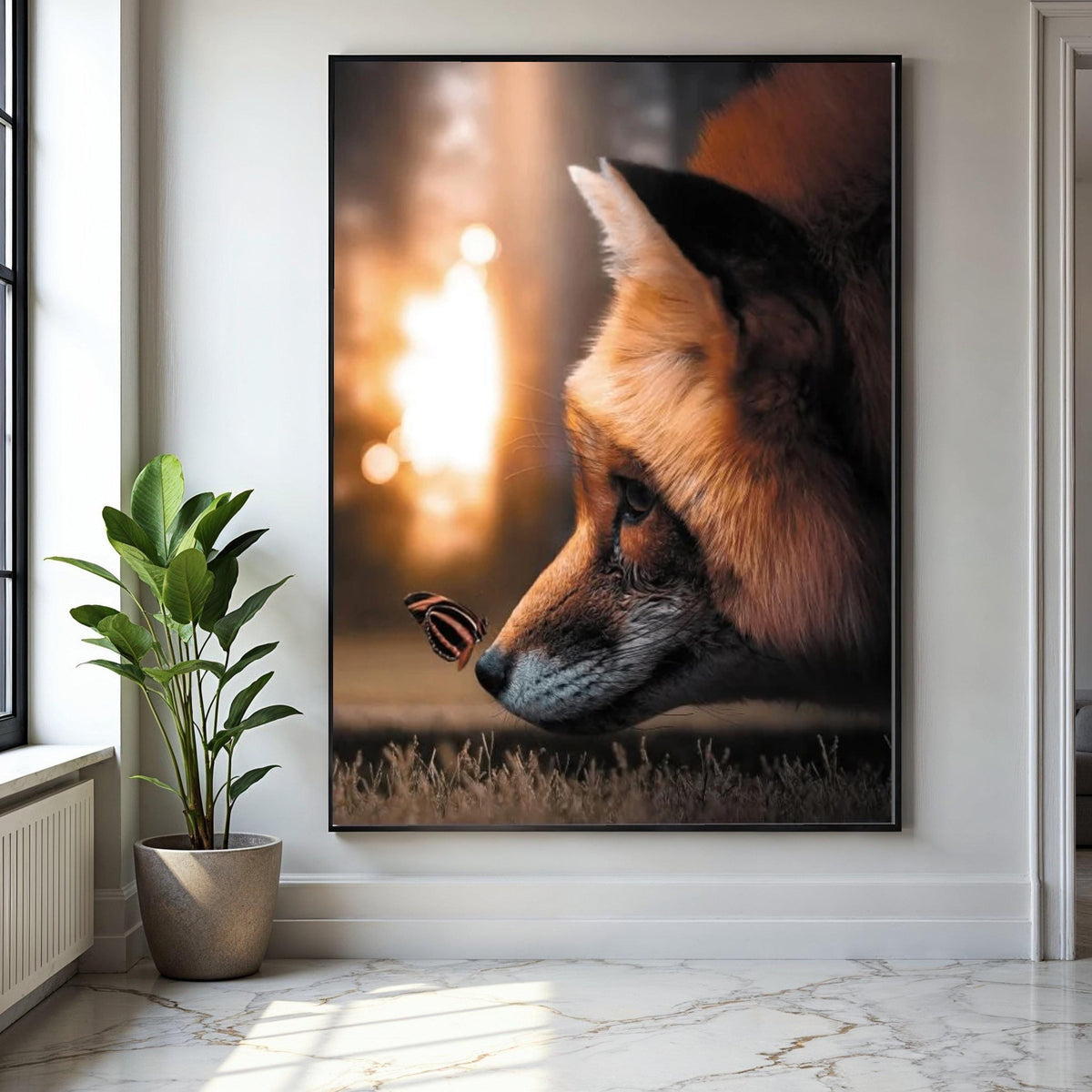 Serene Fox Close-Up Canvas, Butterfly and Fox Wall Art, Nature Animal Portrait, Wildlife Canvas Print, Cozy Home Gift Art, Home Decor, Print