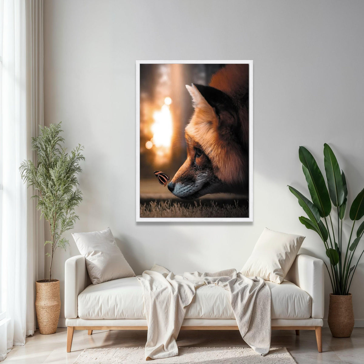 Serene Fox Close-Up Canvas, Butterfly and Fox Wall Art, Nature Animal Portrait, Wildlife Canvas Print, Cozy Home Gift Art, Home Decor, Print