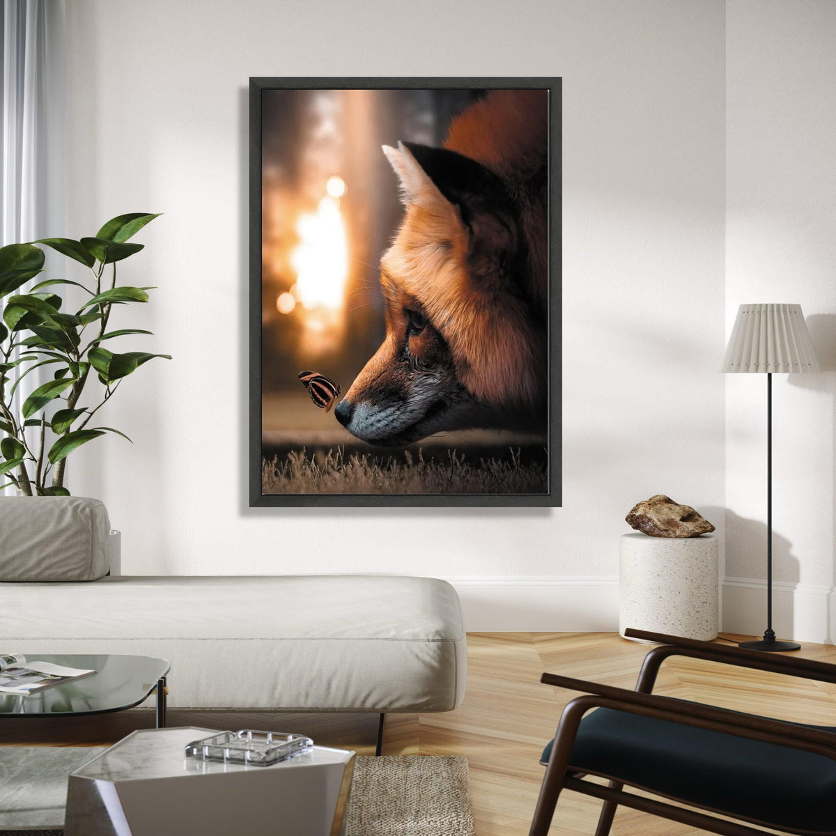 Serene Fox Close-Up Canvas, Butterfly and Fox Wall Art, Nature Animal Portrait, Wildlife Canvas Print, Cozy Home Gift Art, Home Decor, Print