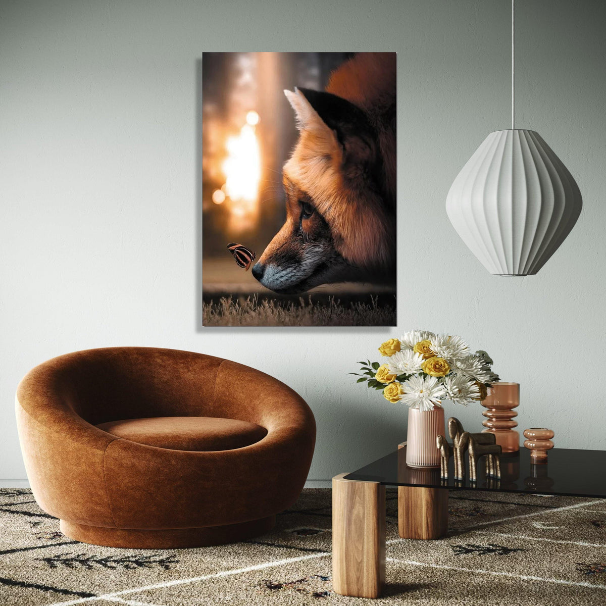 Serene Fox Close-Up Canvas, Butterfly and Fox Wall Art, Nature Animal Portrait, Wildlife Canvas Print, Cozy Home Gift Art, Home Decor, Print