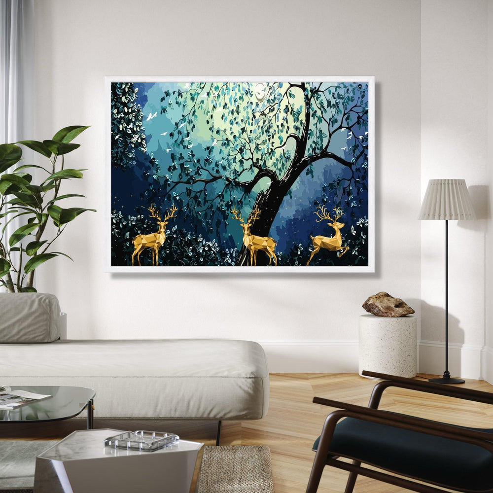 Geometric Deer in Enchanted Forest Canvas, Abstract Nature Wall Art, Woodland Animal Canvas Decoration, Blue Gift Art, Home Decor, Print