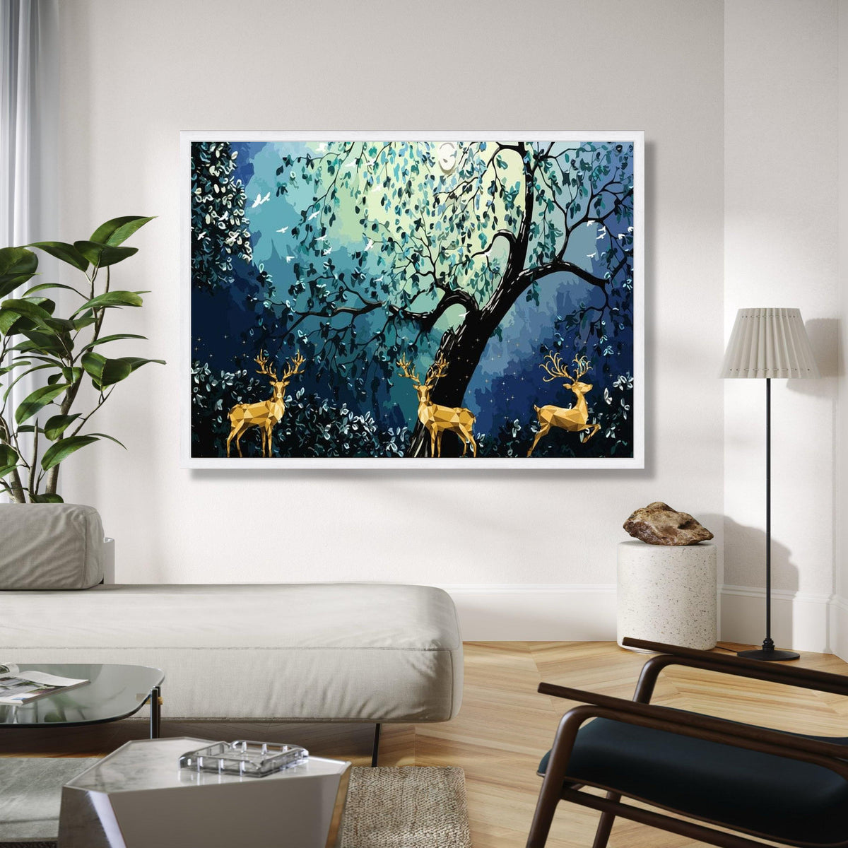 Geometric Deer in Enchanted Forest Canvas, Abstract Nature Wall Art, Woodland Animal Canvas Decoration, Blue Gift Art, Home Decor, Print