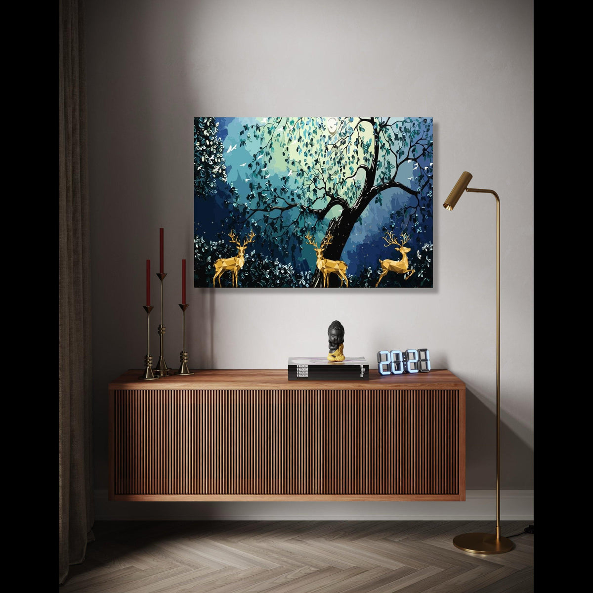 Geometric Deer in Enchanted Forest Canvas, Abstract Nature Wall Art, Woodland Animal Canvas Decoration, Blue Gift Art, Home Decor, Print