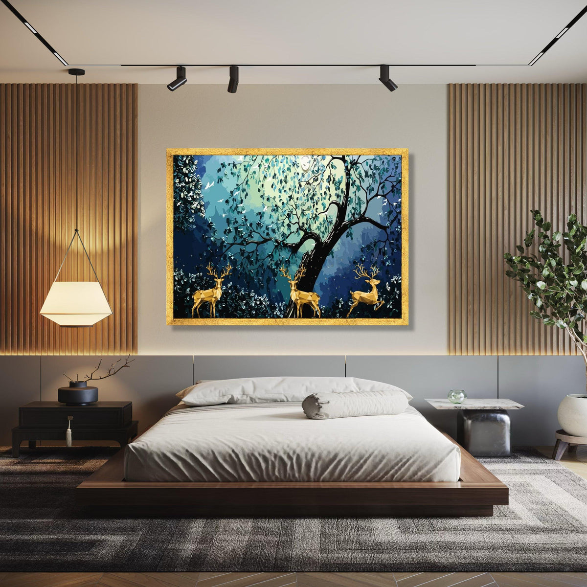 Geometric Deer in Enchanted Forest Canvas, Abstract Nature Wall Art, Woodland Animal Canvas Decoration, Blue Gift Art, Home Decor, Print