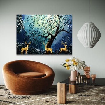 Geometric Deer in Enchanted Forest Canvas, Abstract Nature Wall Art, Woodland Animal Canvas Decoration, Blue Gift Art, Home Decor, Print