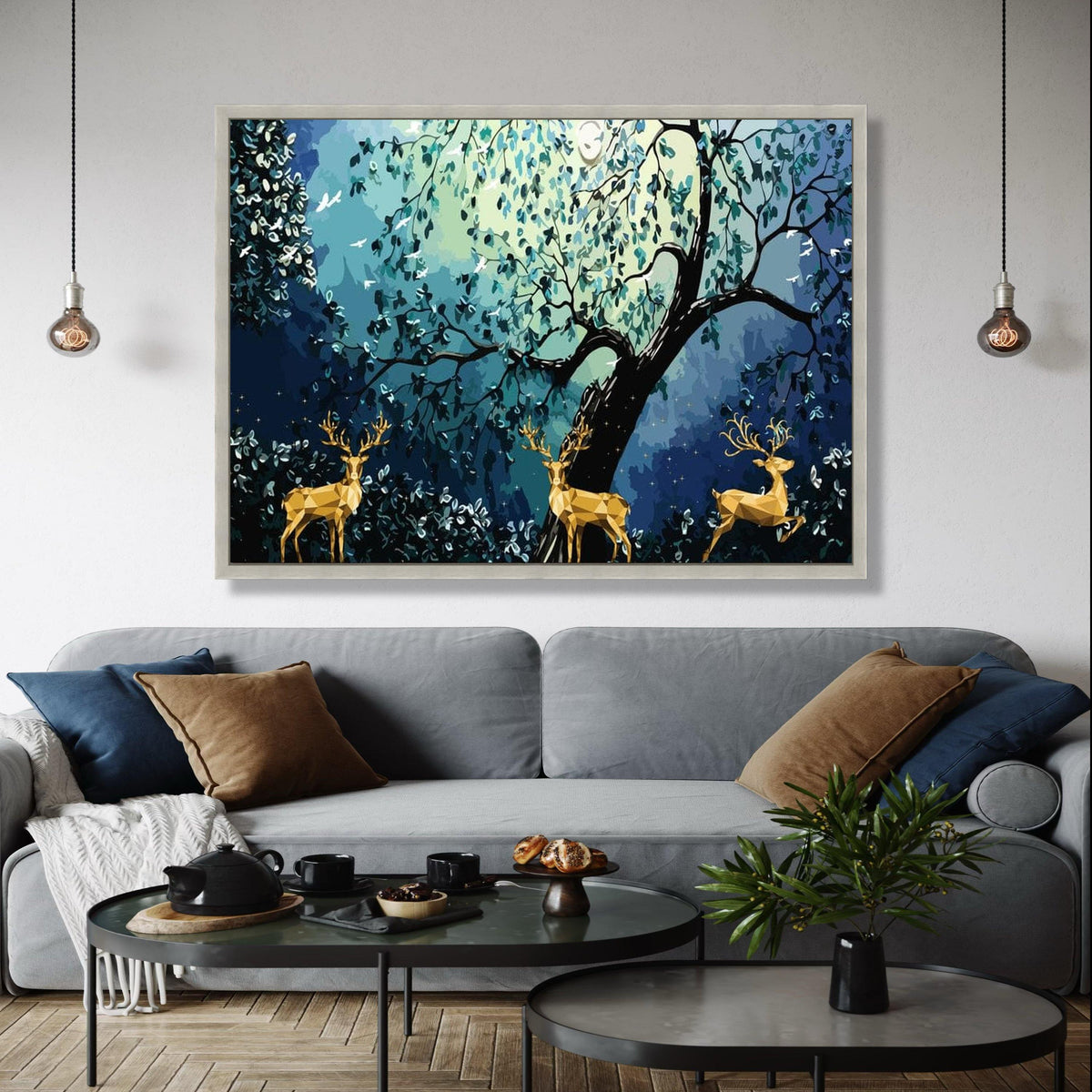 Geometric Deer in Enchanted Forest Canvas, Abstract Nature Wall Art, Woodland Animal Canvas Decoration, Blue Gift Art, Home Decor, Print
