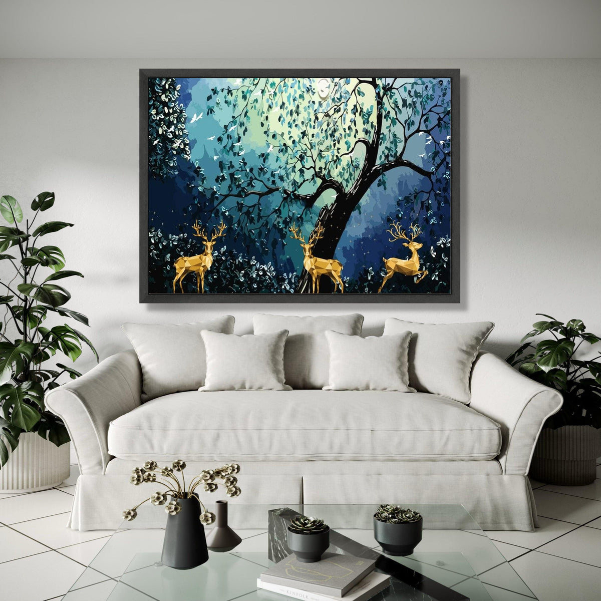 Geometric Deer in Enchanted Forest Canvas, Abstract Nature Wall Art, Woodland Animal Canvas Decoration, Blue Gift Art, Home Decor, Print