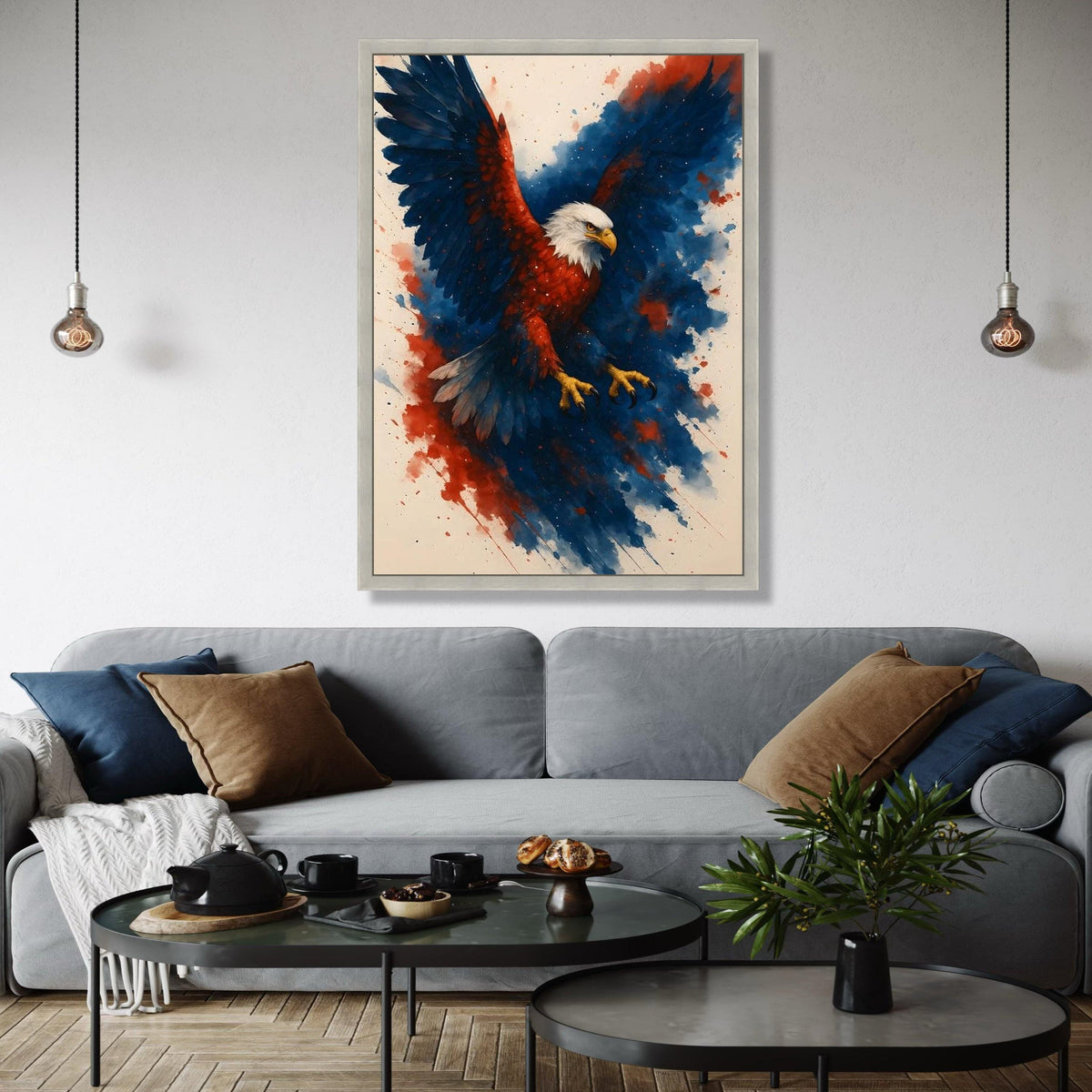Majestic Eagle in Flight Canvas, Patriotic Wall Art, Red Blue Abstract Background, Bold Animal Canvas, Home Gift Art, Home Decor, Print