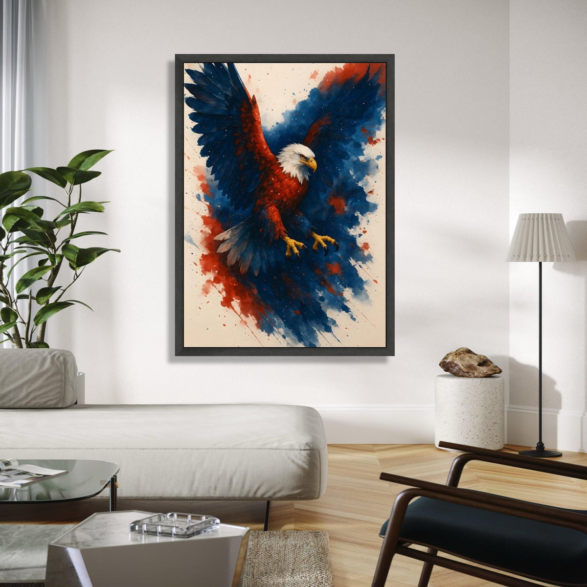 Majestic Eagle in Flight Canvas, Patriotic Wall Art, Red Blue Abstract Background, Bold Animal Canvas, Home Gift Art, Home Decor, Print