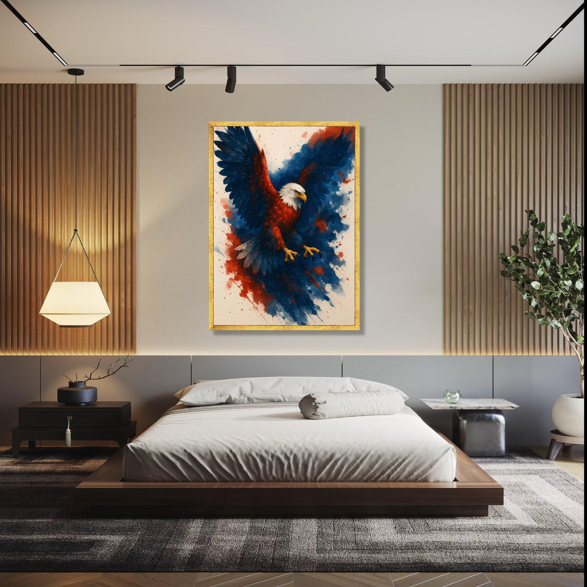 Majestic Eagle in Flight Canvas, Patriotic Wall Art, Red Blue Abstract Background, Bold Animal Canvas, Home Gift Art, Home Decor, Print