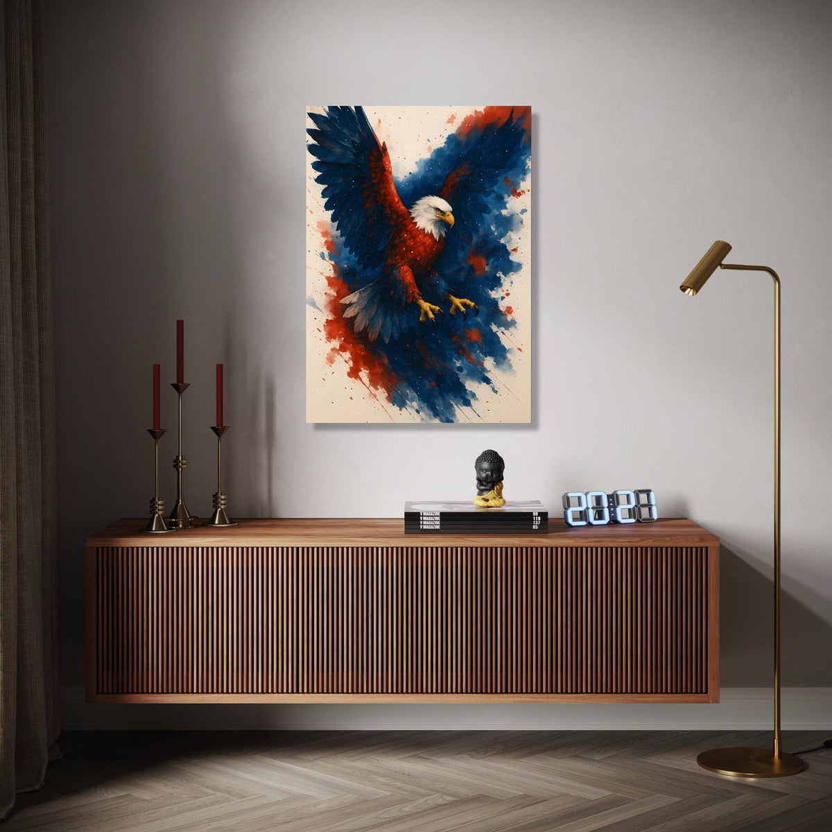 Majestic Eagle in Flight Canvas, Patriotic Wall Art, Red Blue Abstract Background, Bold Animal Canvas, Home Gift Art, Home Decor, Print
