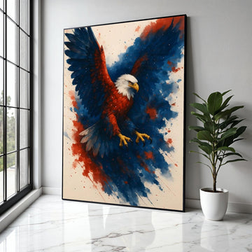 Majestic Eagle in Flight Canvas, Patriotic Wall Art, Red Blue Abstract Background, Bold Animal Canvas, Home Gift Art, Home Decor, Print
