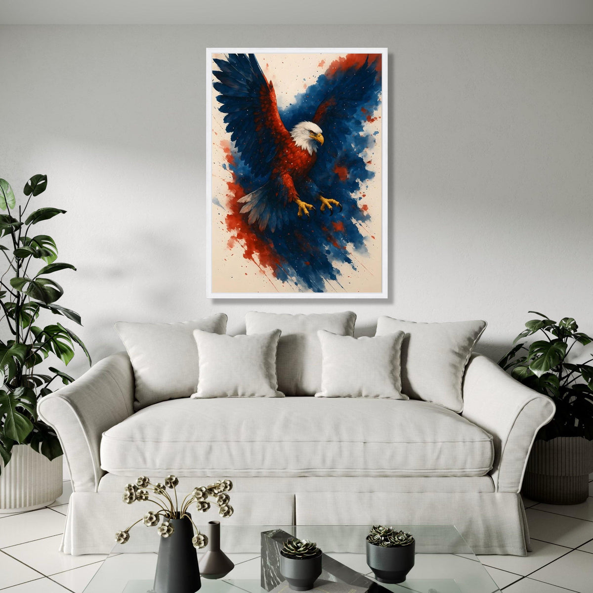 Majestic Eagle in Flight Canvas, Patriotic Wall Art, Red Blue Abstract Background, Bold Animal Canvas, Home Gift Art, Home Decor, Print