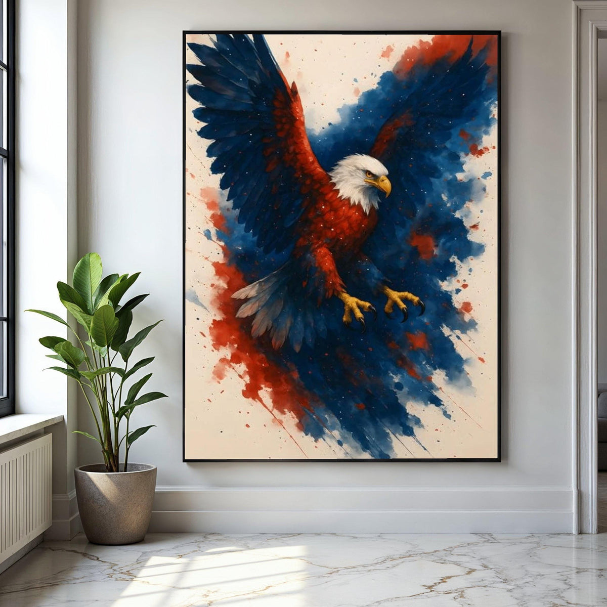 Majestic Eagle in Flight Canvas, Patriotic Wall Art, Red Blue Abstract Background, Bold Animal Canvas, Home Gift Art, Home Decor, Print