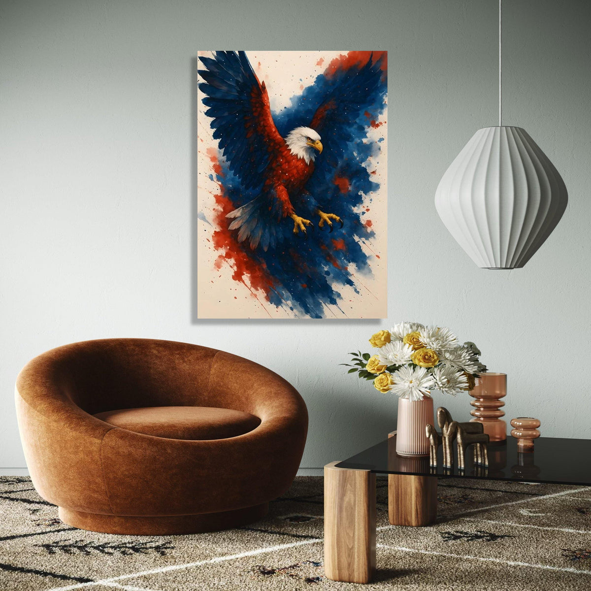 Majestic Eagle in Flight Canvas, Patriotic Wall Art, Red Blue Abstract Background, Bold Animal Canvas, Home Gift Art, Home Decor, Print