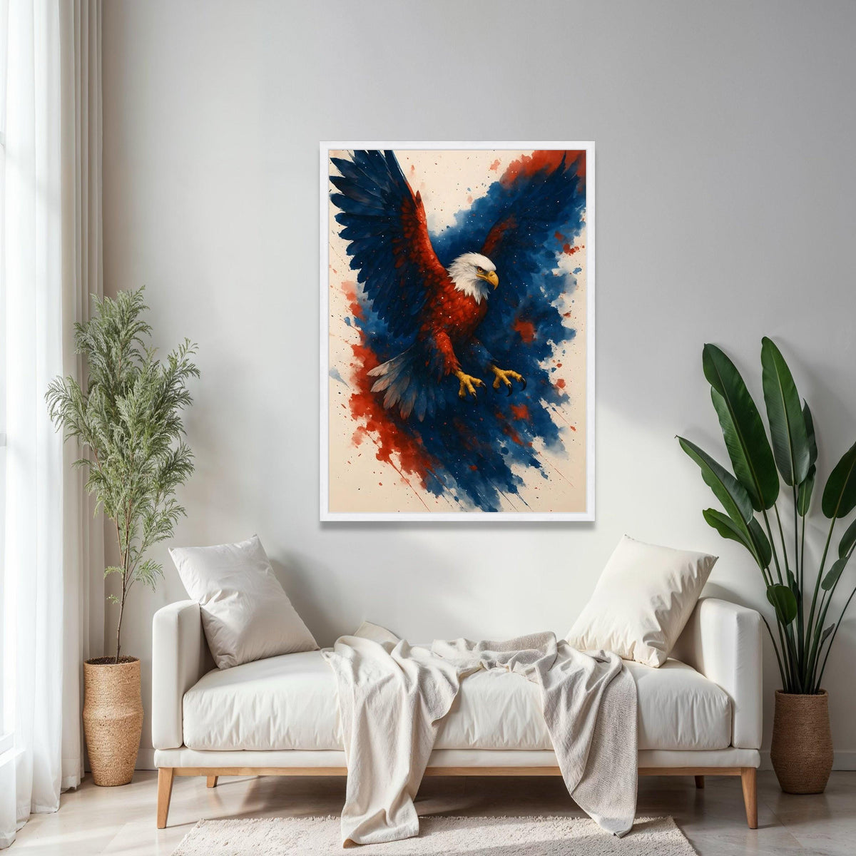 Majestic Eagle in Flight Canvas, Patriotic Wall Art, Red Blue Abstract Background, Bold Animal Canvas, Home Gift Art, Home Decor, Print