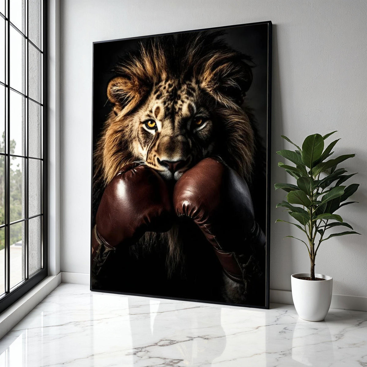 Fierce Lion with Boxing Gloves Canvas, Animal Sports Wall Art, Powerful Wildlife Portrait, Motivational Canvas Gift Art, Home Decor, Print