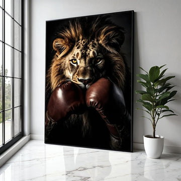 Fierce Lion with Boxing Gloves Canvas, Animal Sports Wall Art, Powerful Wildlife Portrait, Motivational Canvas Gift Art, Home Decor, Print