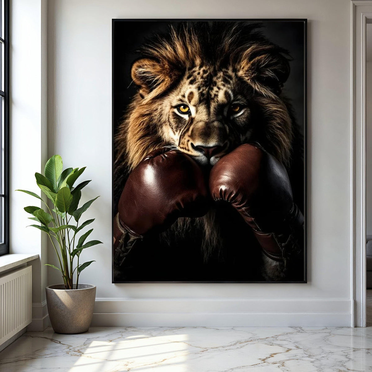 Fierce Lion with Boxing Gloves Canvas, Animal Sports Wall Art, Powerful Wildlife Portrait, Motivational Canvas Gift Art, Home Decor, Print