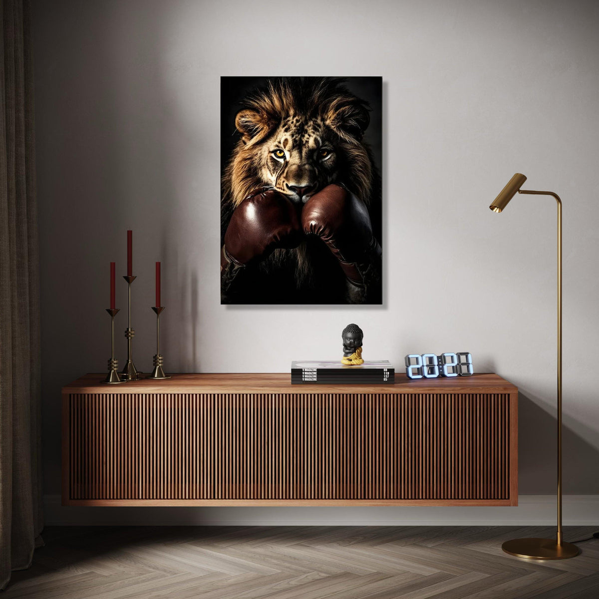 Fierce Lion with Boxing Gloves Canvas, Animal Sports Wall Art, Powerful Wildlife Portrait, Motivational Canvas Gift Art, Home Decor, Print