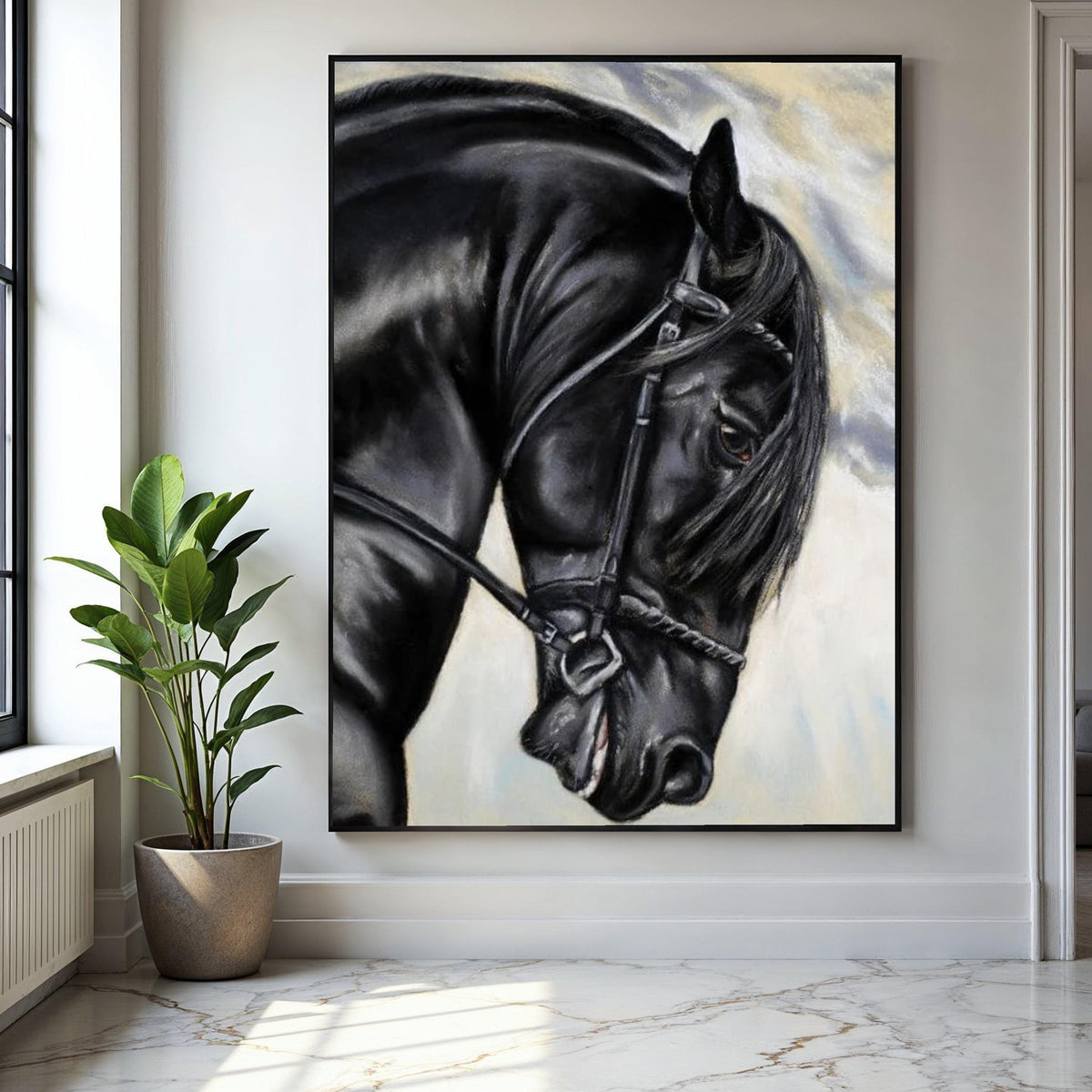 Majestic Black Stallion Canvas Wall Art, Equestrian Horse Portrait, Elegant Animal Canvas, Farmhouse Rustic Gift Art, Home Decor, Print