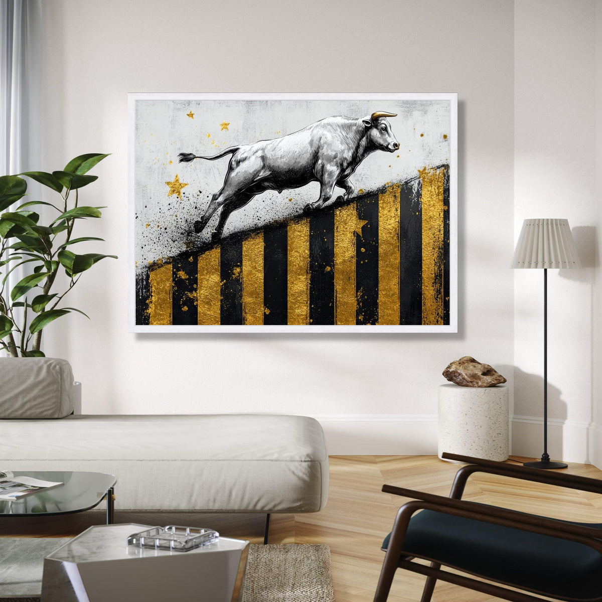 Dynamic Bull Canvas Wall Art, Gold and Black Striped Abstract, Modern Animal Painting, Energetic Home Gift Art, Home Decor, Print