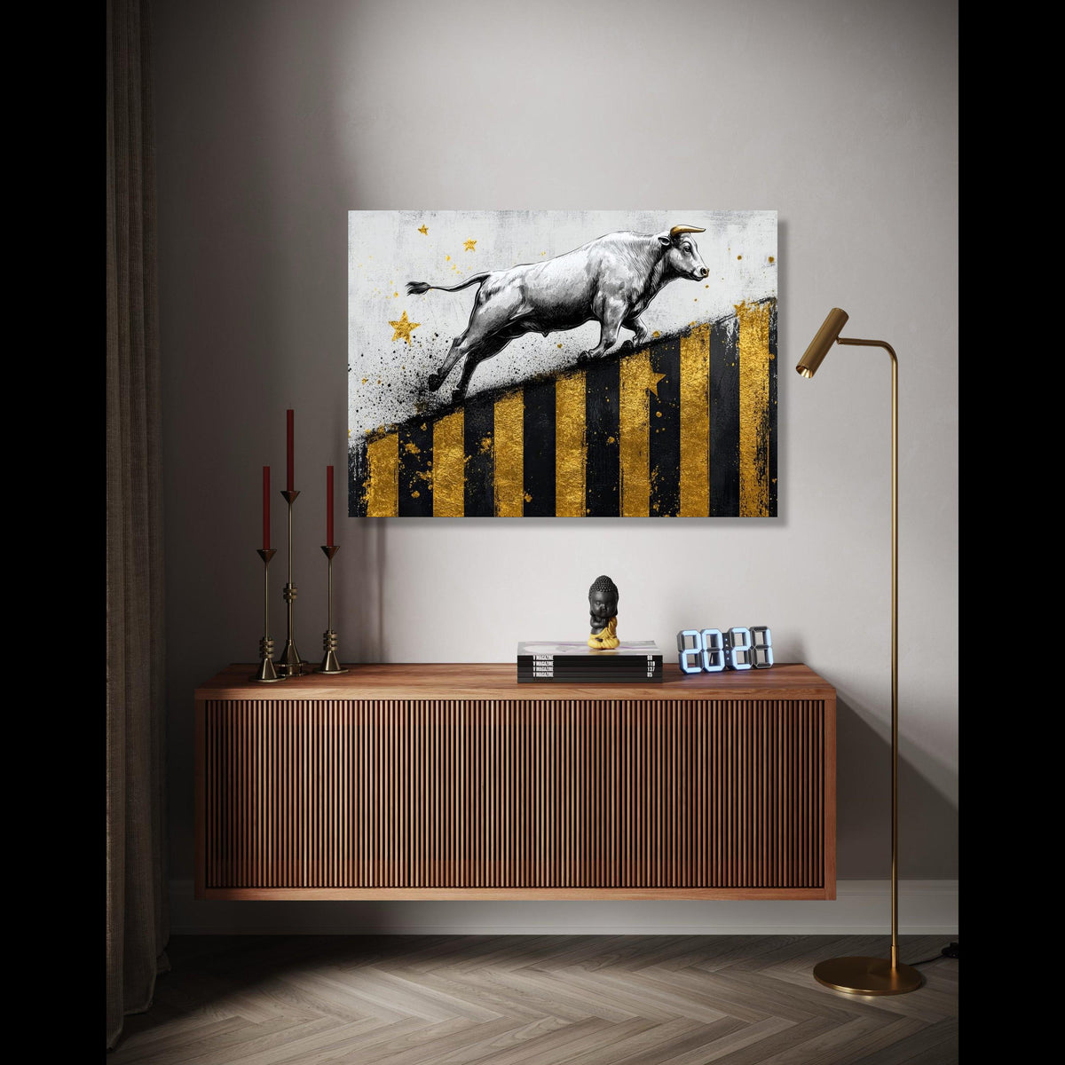 Dynamic Bull Canvas Wall Art, Gold and Black Striped Abstract, Modern Animal Painting, Energetic Home Gift Art, Home Decor, Print