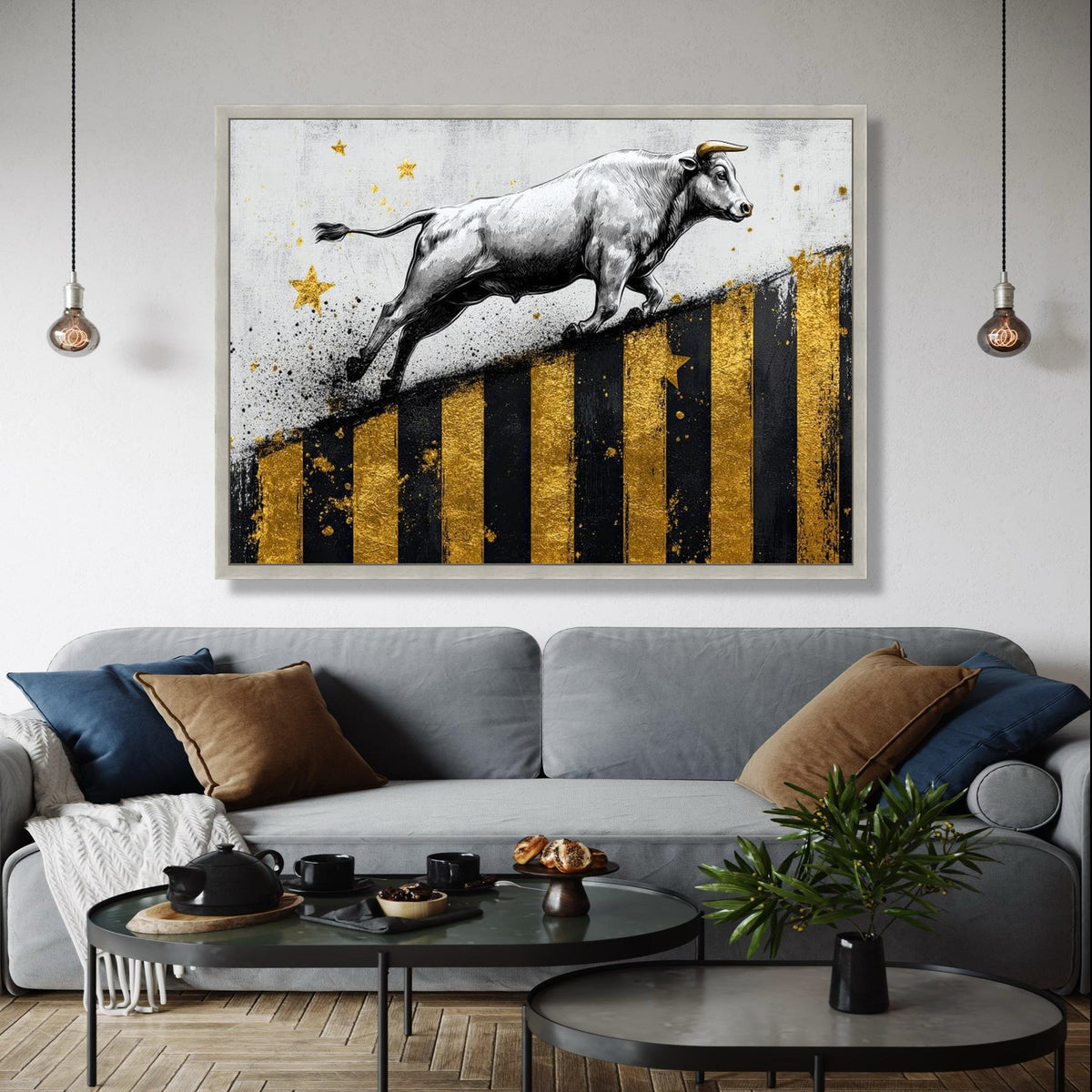 Dynamic Bull Canvas Wall Art, Gold and Black Striped Abstract, Modern Animal Painting, Energetic Home Gift Art, Home Decor, Print
