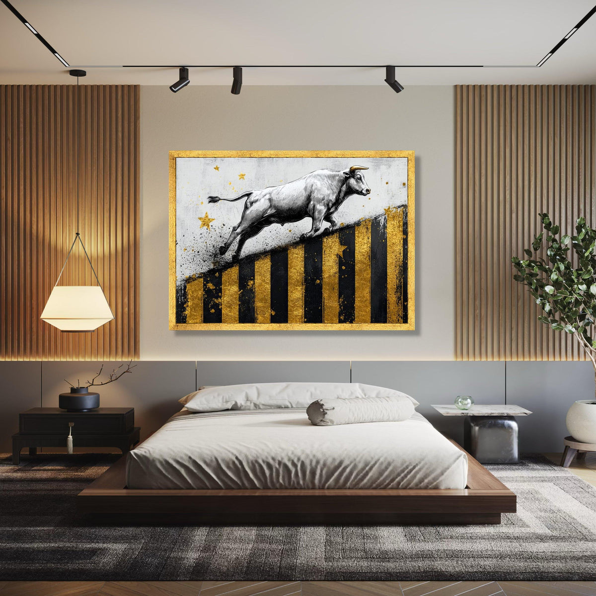 Dynamic Bull Canvas Wall Art, Gold and Black Striped Abstract, Modern Animal Painting, Energetic Home Gift Art, Home Decor, Print