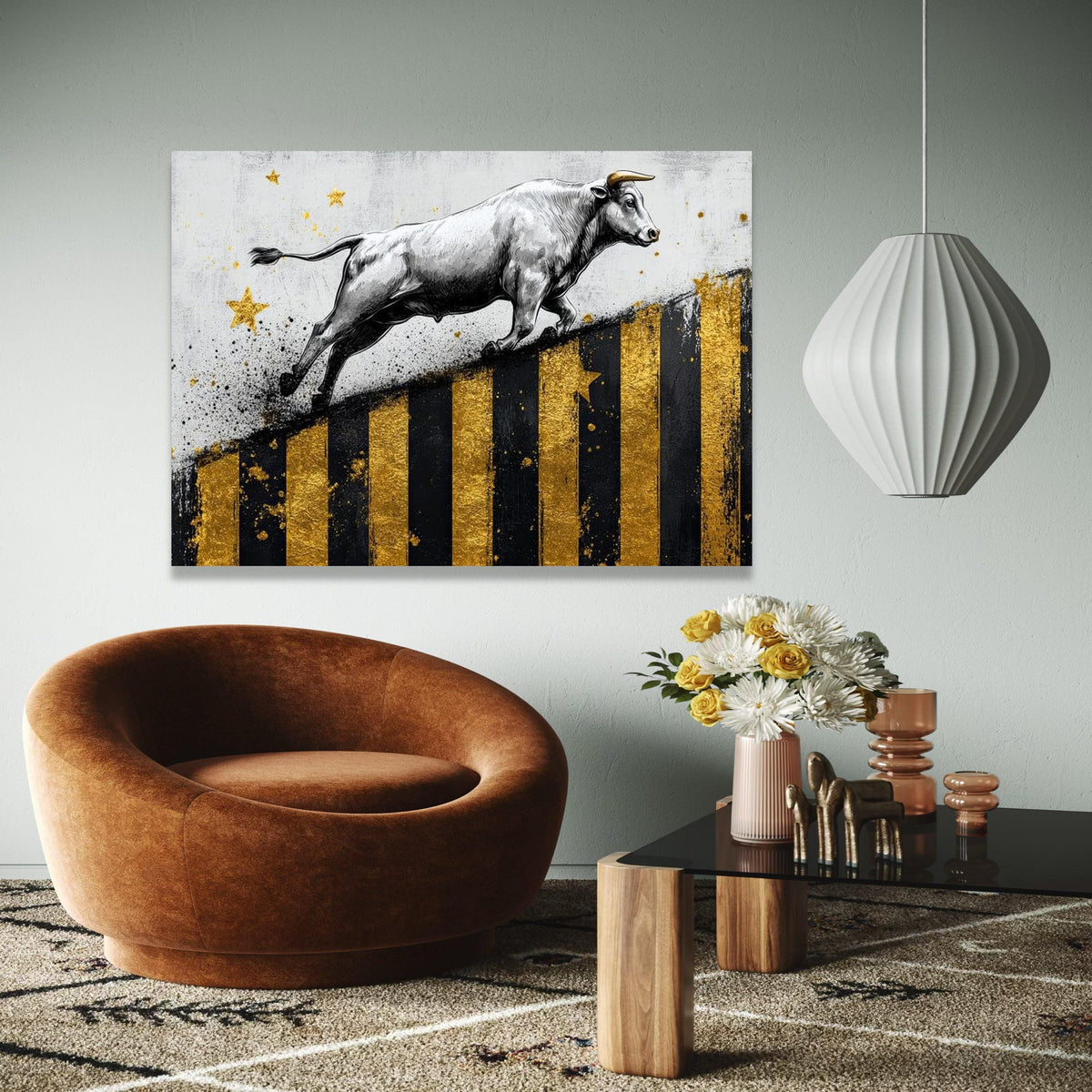 Dynamic Bull Canvas Wall Art, Gold and Black Striped Abstract, Modern Animal Painting, Energetic Home Gift Art, Home Decor, Print