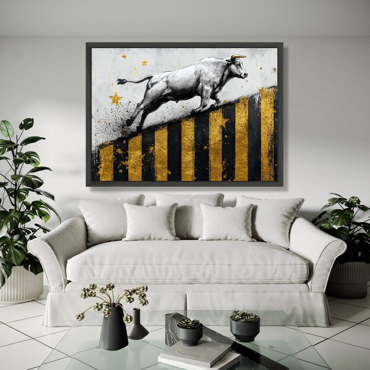 Dynamic Bull Canvas Wall Art, Gold and Black Striped Abstract, Modern Animal Painting, Energetic Home Gift Art, Home Decor, Print
