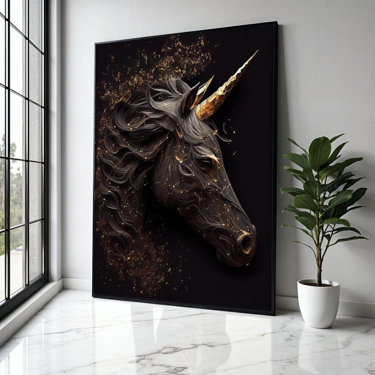 Elegant Black Unicorn Canvas Wall Art, Golden Horn Fantasy Horse, Mystic Animal Decor, Modern Magical Unicorn Gift Art, Home Decor, Print