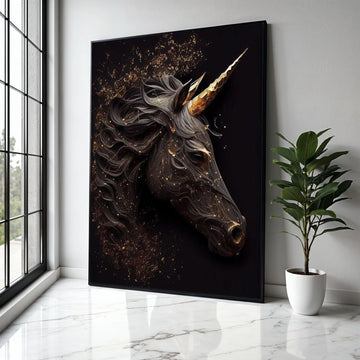 Elegant Black Unicorn Canvas Wall Art, Golden Horn Fantasy Horse, Mystic Animal Decor, Modern Magical Unicorn Gift Art, Home Decor, Print