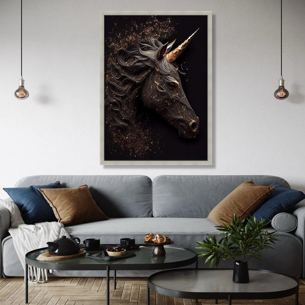 Elegant Black Unicorn Canvas Wall Art, Golden Horn Fantasy Horse, Mystic Animal Decor, Modern Magical Unicorn Gift Art, Home Decor, Print