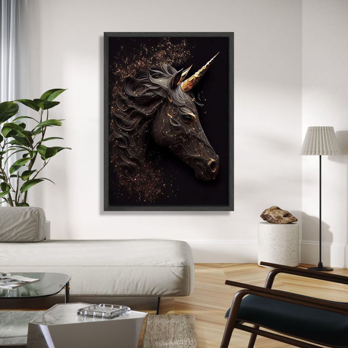 Elegant Black Unicorn Canvas Wall Art, Golden Horn Fantasy Horse, Mystic Animal Decor, Modern Magical Unicorn Gift Art, Home Decor, Print