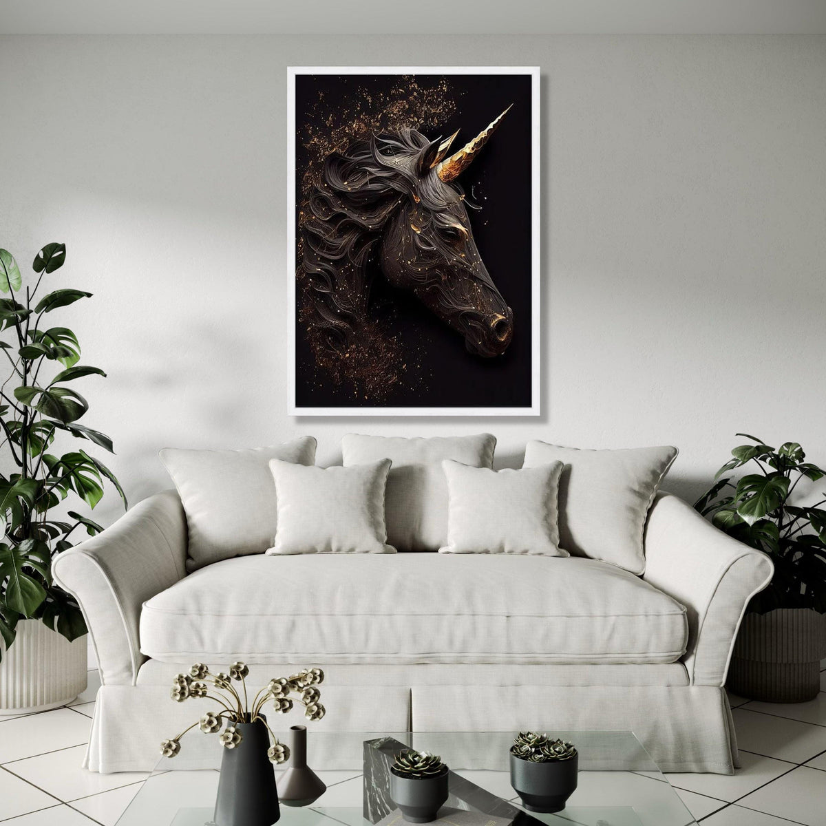 Elegant Black Unicorn Canvas Wall Art, Golden Horn Fantasy Horse, Mystic Animal Decor, Modern Magical Unicorn Gift Art, Home Decor, Print