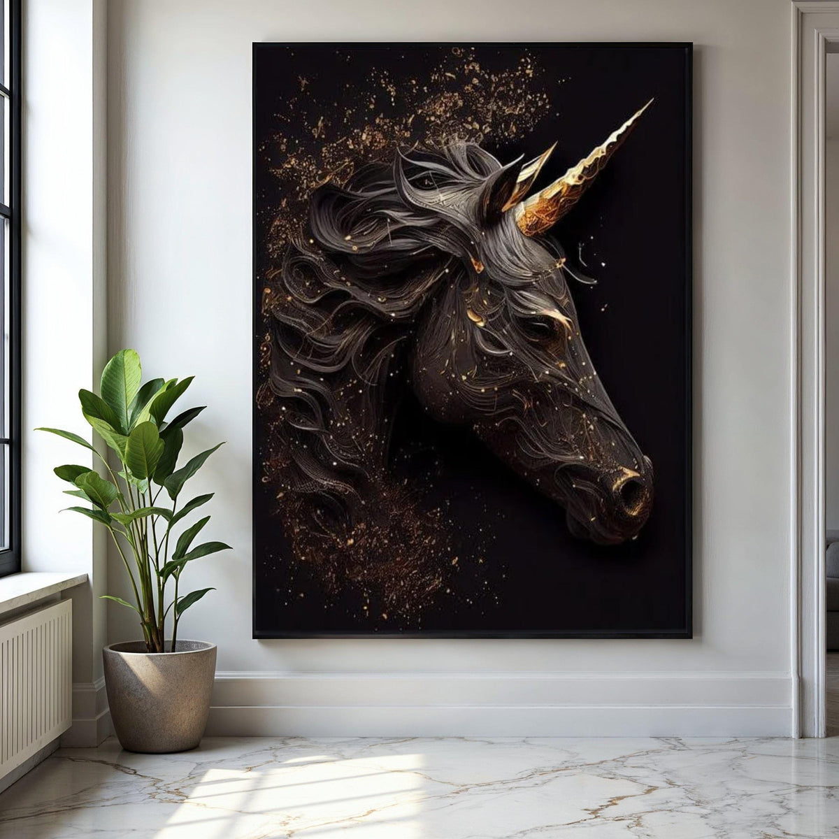 Elegant Black Unicorn Canvas Wall Art, Golden Horn Fantasy Horse, Mystic Animal Decor, Modern Magical Unicorn Gift Art, Home Decor, Print