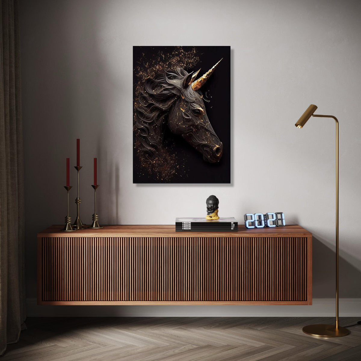 Elegant Black Unicorn Canvas Wall Art, Golden Horn Fantasy Horse, Mystic Animal Decor, Modern Magical Unicorn Gift Art, Home Decor, Print