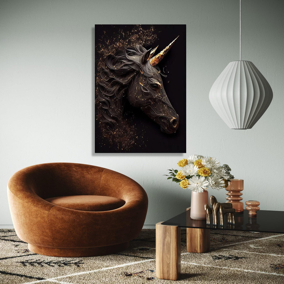 Elegant Black Unicorn Canvas Wall Art, Golden Horn Fantasy Horse, Mystic Animal Decor, Modern Magical Unicorn Gift Art, Home Decor, Print