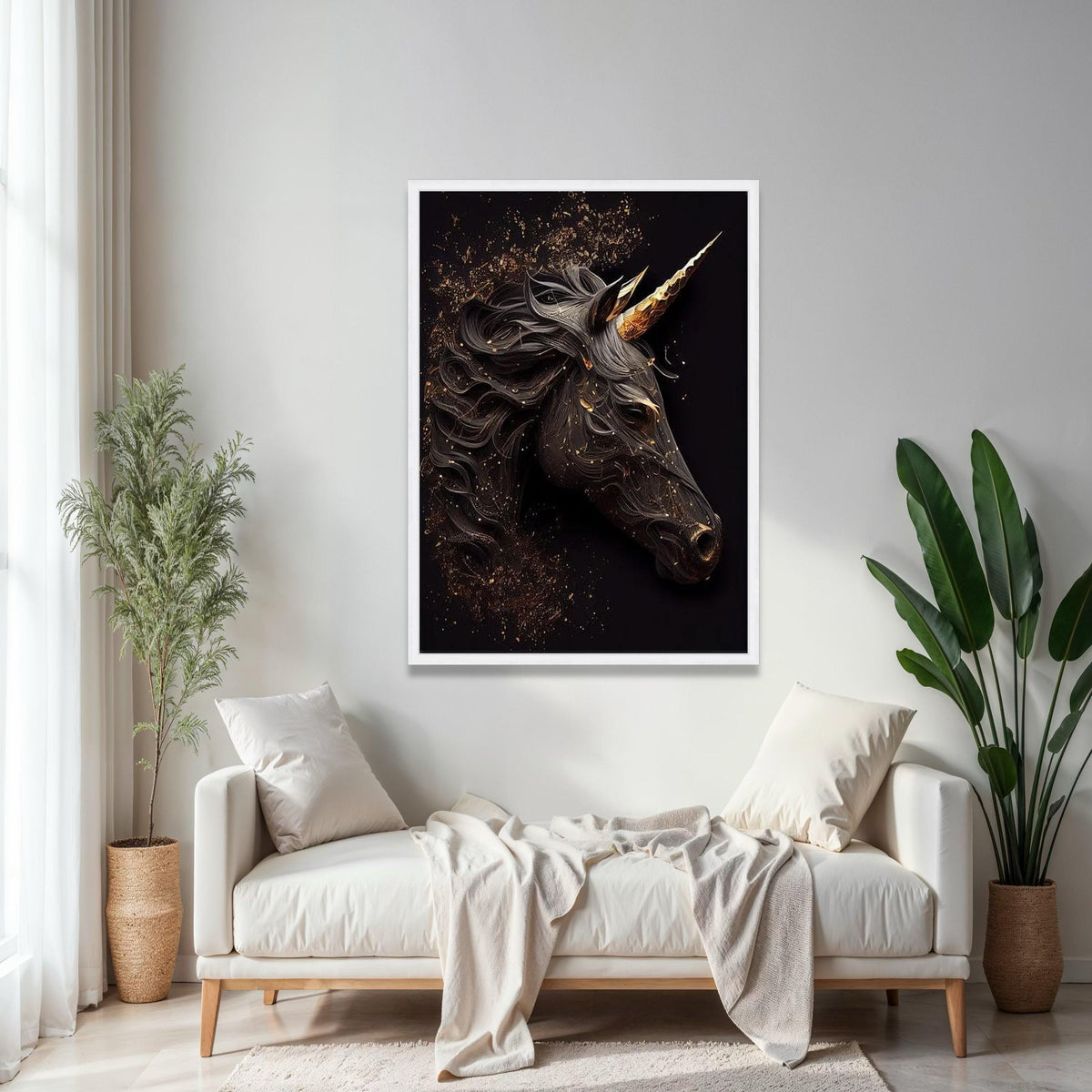 Elegant Black Unicorn Canvas Wall Art, Golden Horn Fantasy Horse, Mystic Animal Decor, Modern Magical Unicorn Gift Art, Home Decor, Print