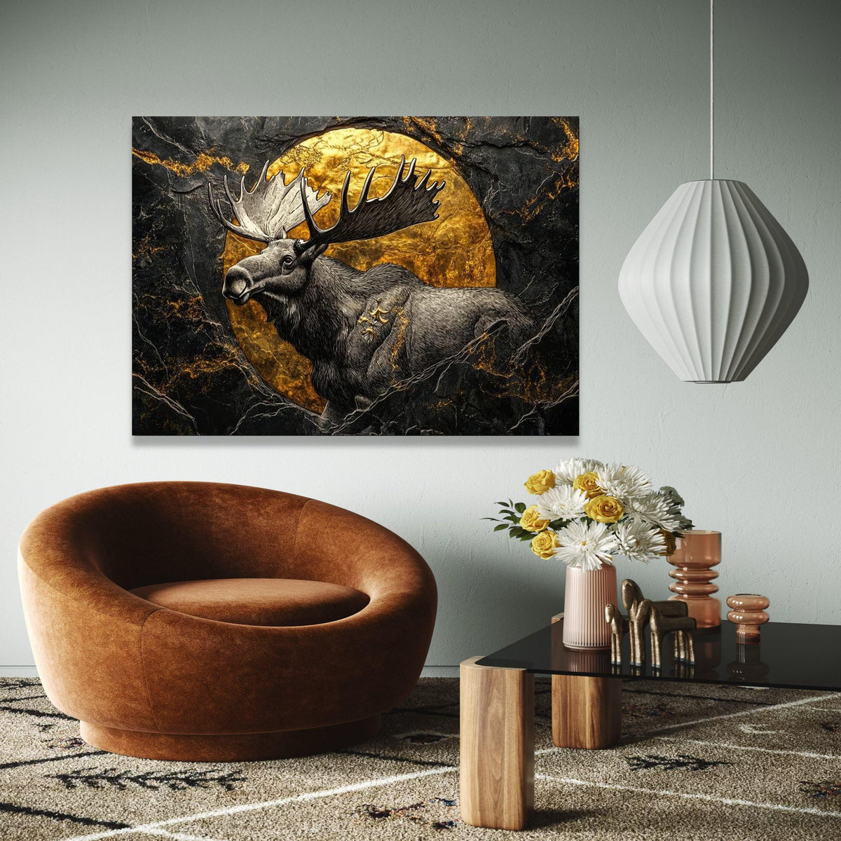 Majestic Moose Canvas Wall Art, Gold Circle Accent, Wildlife Nature Decor, Rustic Animal Canvas, Forest Lodge Gift Art, Home Decor, Print