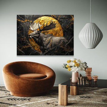 Majestic Moose Canvas Wall Art, Gold Circle Accent, Wildlife Nature Decor, Rustic Animal Canvas, Forest Lodge Gift Art, Home Decor, Print