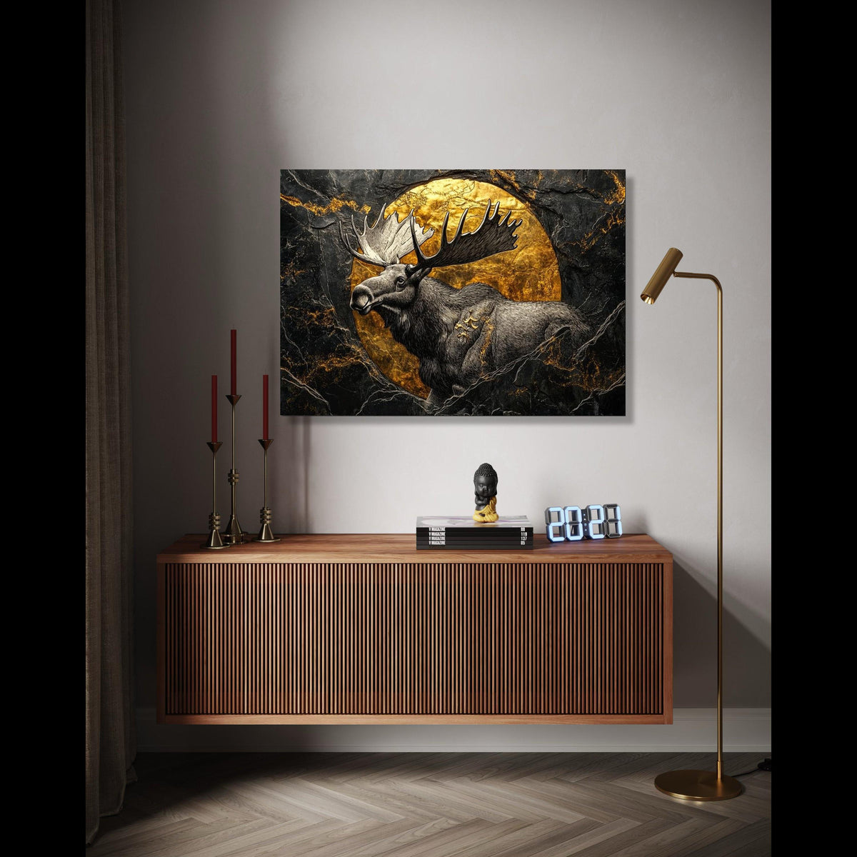 Majestic Moose Canvas Wall Art, Gold Circle Accent, Wildlife Nature Decor, Rustic Animal Canvas, Forest Lodge Gift Art, Home Decor, Print