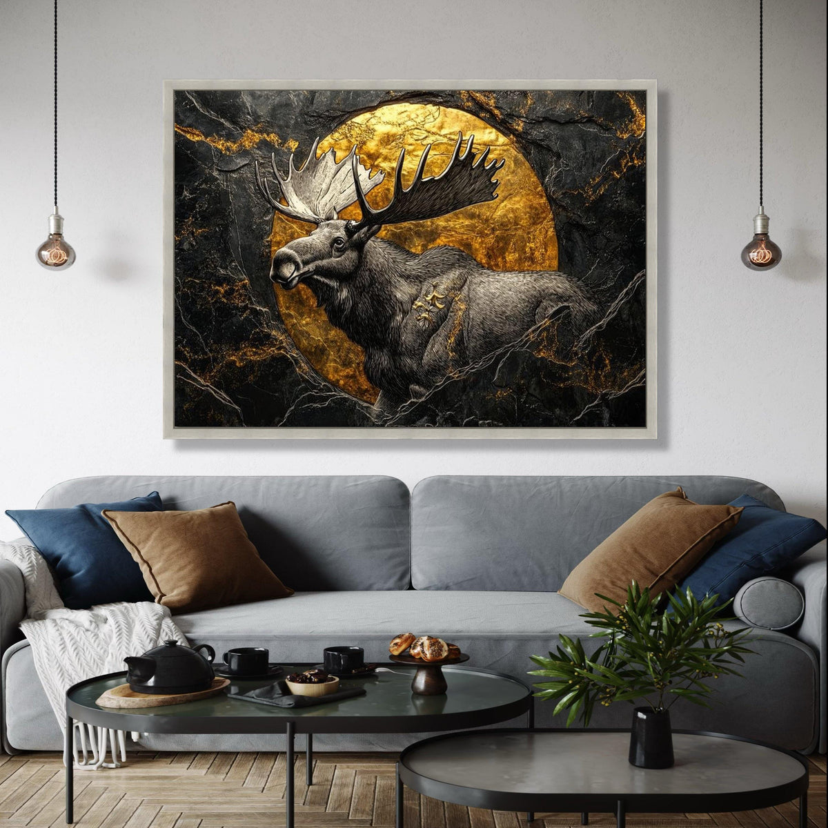 Majestic Moose Canvas Wall Art, Gold Circle Accent, Wildlife Nature Decor, Rustic Animal Canvas, Forest Lodge Gift Art, Home Decor, Print