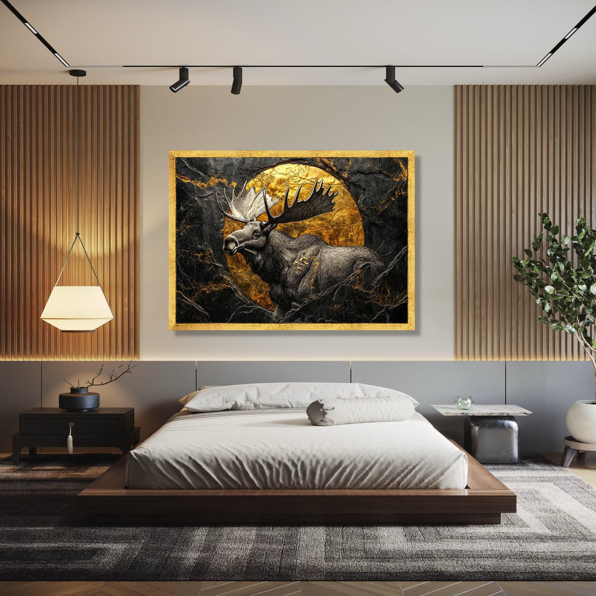 Majestic Moose Canvas Wall Art, Gold Circle Accent, Wildlife Nature Decor, Rustic Animal Canvas, Forest Lodge Gift Art, Home Decor, Print